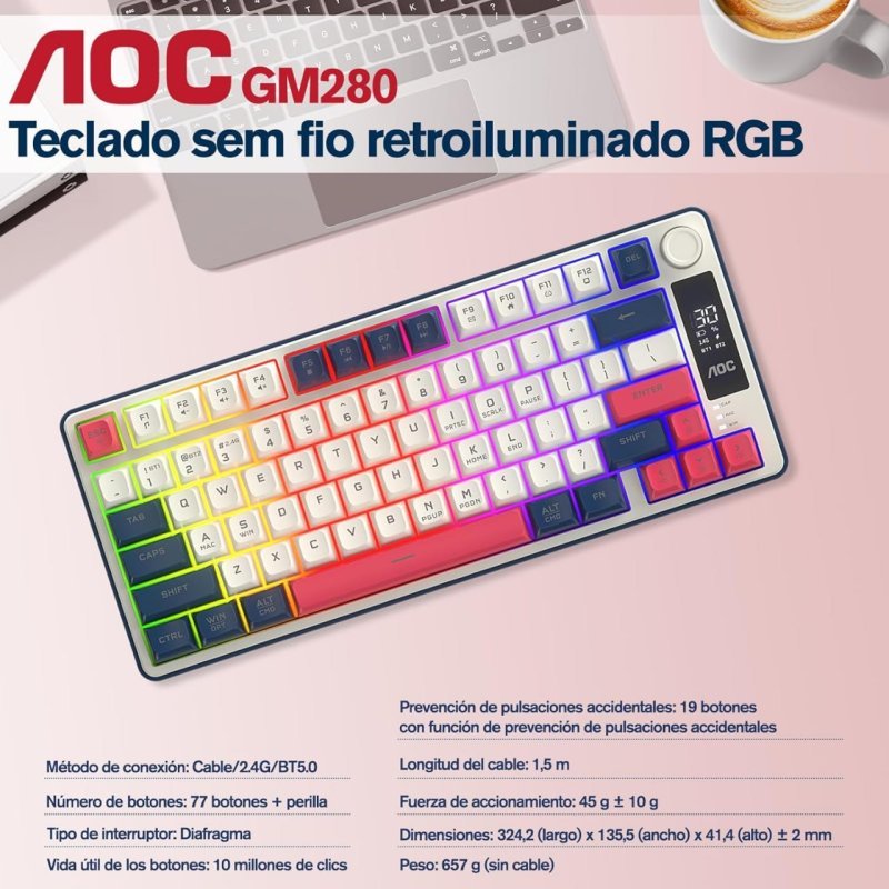 AOC GK280 Teclado 70% Sem Fio - Bluetooth Trimodo - RGB LED