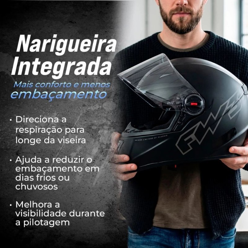Capacete Fw3 Fechado Gt Classic Preto Fosco Pintado Com Viseira Cristal Diversos Tamanhos 56 58 60 Inmetro- Fw3