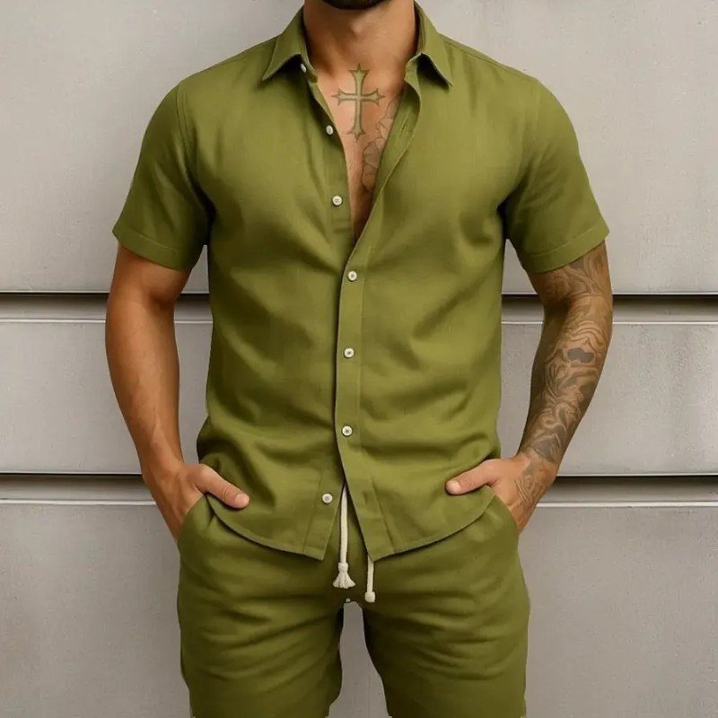 Conjunto Casual Linho Masculino Camisa Botão Bermuda Cordão (P ao G)