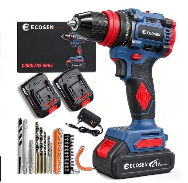 Furadeira/Parafusadeira sem escovas 21V com kit completo + 2 baterias