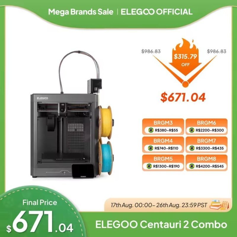 ELEGOO Centauri 2 Combo – Impressora 3D Multicolor de 4 Cores com Sistema CANVAS