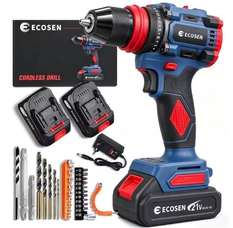 Furadeira/Parafusadeira sem escovas 21V com kit completo + 2 baterias, Motor brushless