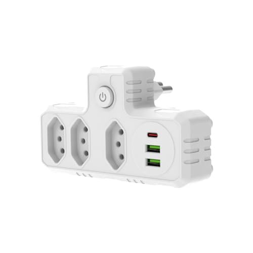 Extensão Tomada, Régua Tomada, Régua de Energia, Adaptador Tomada, 3 Tomadas, 2 Interfaces USB, 1 Porta USB Tipo-C (Branco)