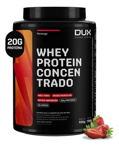Whey Protein Concentrado DUX 900g Morango Proteína Pura Suplemento Muscular
