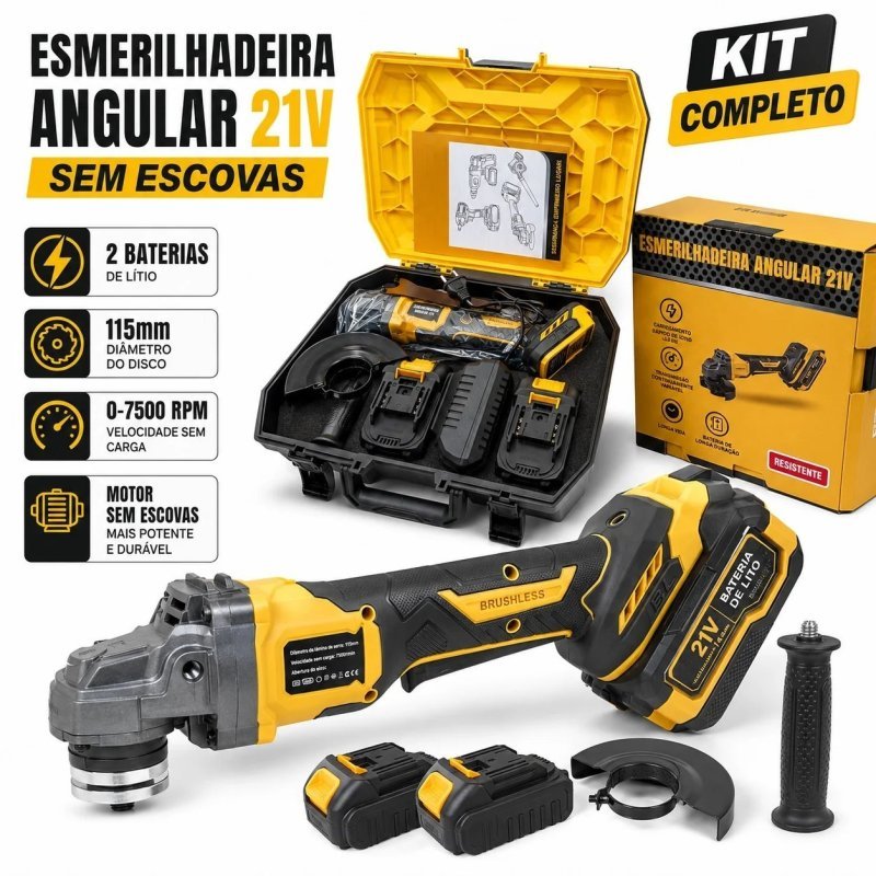 Esmerilhadeira angular de cabeça plana de 115mm, máquina de corte, ferramenta sem escova com bateria de lítio de 21V
