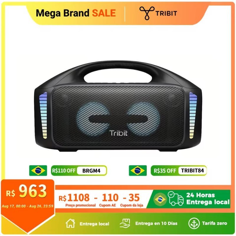 Caixa de Som Tribit Stormbox Blast 90W RGB, a prova d'agua ipx7