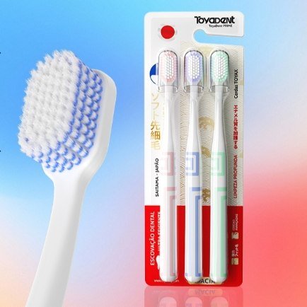 ToyaDent Escova de dente, Kit 3un, 3 cores + Capa Protetora, cerdas macias, Dentes Limpos