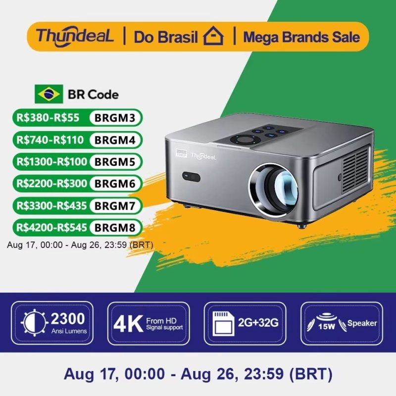 Projetor ThundeaL TD98W Full HD 1080P Nativo 4K HDR Android 2GB+32GB 2300 ANSI Lumens WiFi Dual Bluetooth Auto Foco Keystone 3D Home Theater