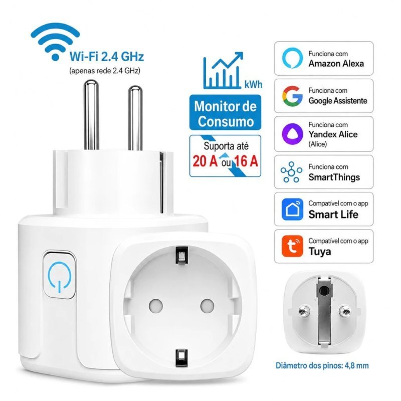 Tomada Inteligente WiFi 20A com Medidor de Energia Smart Life Tuya Alexa Google Assistente 2.4GHz