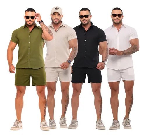 Conjunto Masculino Linho Camisa Shorts Mauricinho Com Bolso