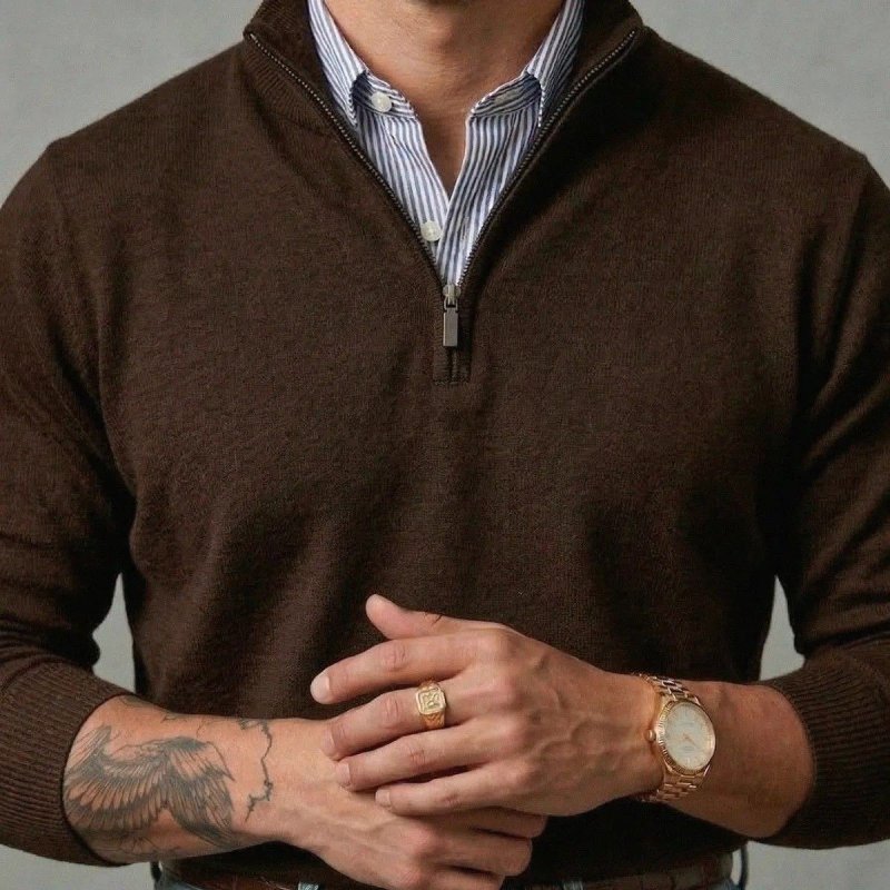 Suéter Masculino Zíper Elegante Gola Alta Inverno Old Money