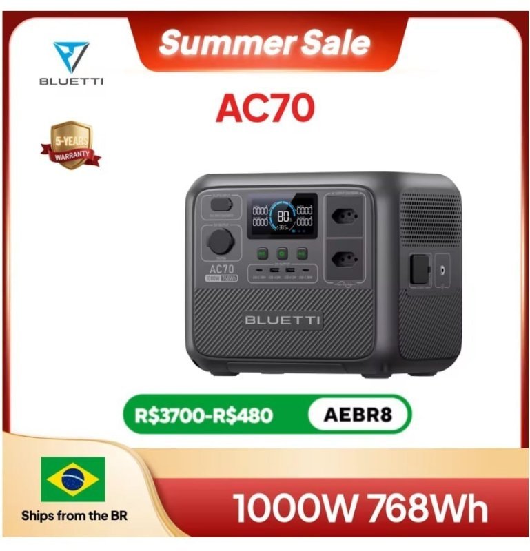 Estação de energia portátil BLUETTI AC70 1000W 768Wh