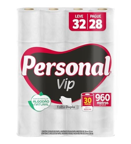 Personal Papel Higiênico VIP Folha Dupla Leve 32 Pague 28 rolos 30M