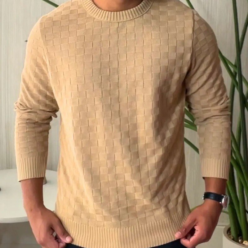 Suéter Masculino Lã Tricot Manga Longa Xadrez Blusa De Frio