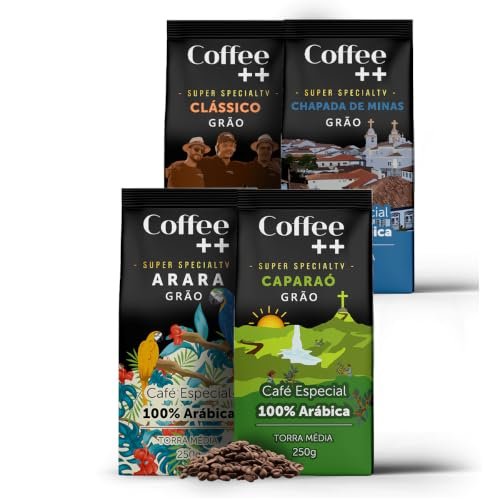 Kit 4 Pacotes Café Especial em Grãos Coffee Mais Variedades: Arara, Caparaó, Chapada de Minas e Clássico - 100% Arábica (4x250g)