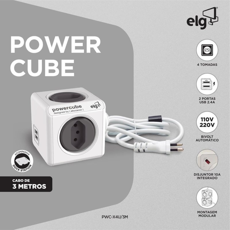 PowerCube ELG com 4 Tomadas + 2 USB e Cabo de 3m