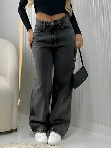 Calça Jeans Wide Leg Feminina Cintura Alta Pantalona Preto Black Marmo Liso 34