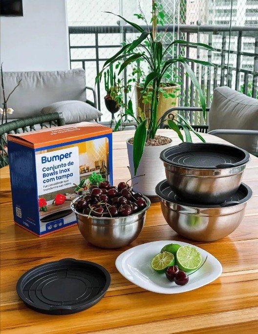 Conjunto De Bowls Tigela Inox Com Tampa Plástica Bumper Cinza