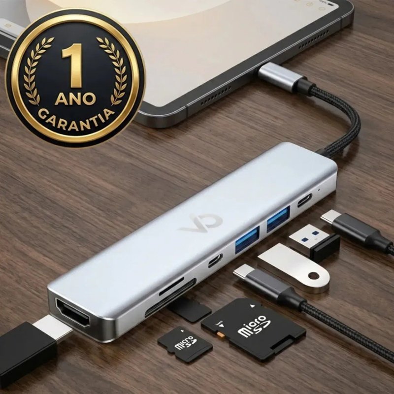 Hub USB Type C 8 em 1 com Leitor de Cartão