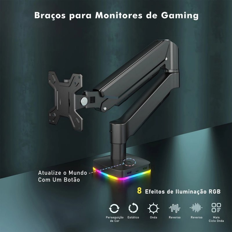Braço Articulado Monitor RGB - 8 efeitos de iluminação 17" - 34" Polegadas - Com hub integrado