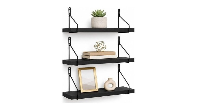 Kit 3 Prateleiras de Parede com Suporte Aramado, Pinus ou MDF, Decorativa, livros e Vasos (Preto/Preto, 40X25)