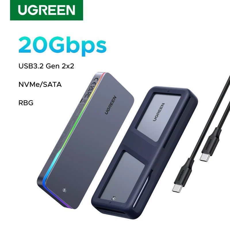 Case para NVME UGREEN 20Gbps M.2 SSD, USB 3.2 Gen2, efeito de iluminação RGB com dissipador