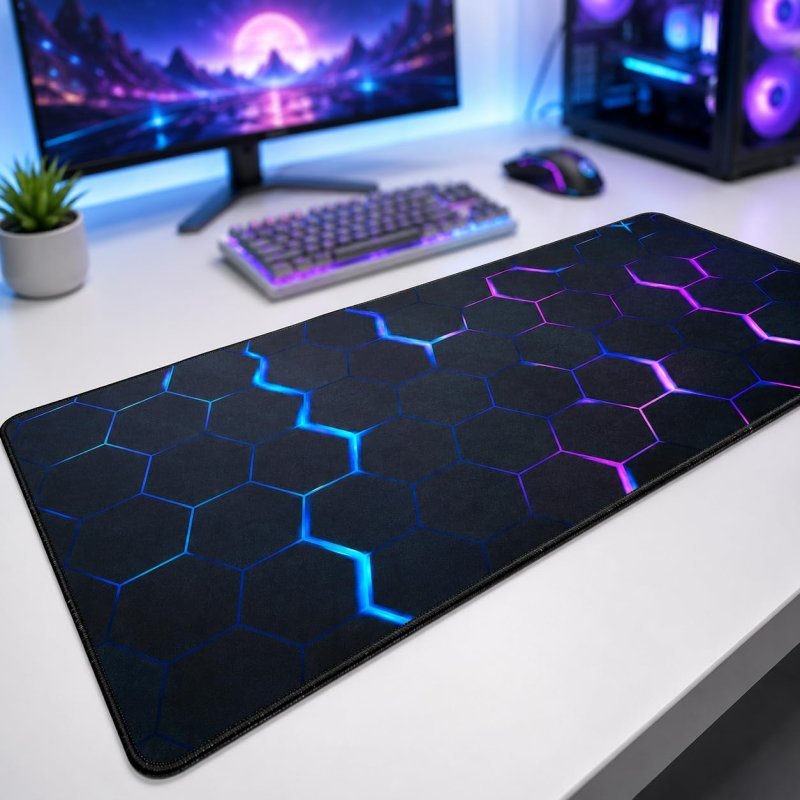 Mouse Pad Gamer Premium Extra Grande 80x30 Antiderrapante Impermeável Hexagonal Setup Neon