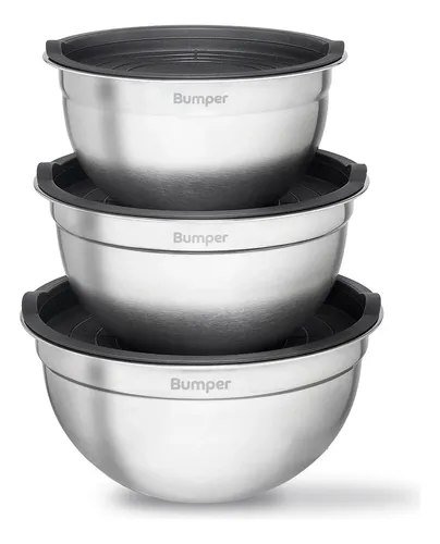 Conjunto De Bowls Tigela Inox Com Tampa Plástica Bumper Cinza