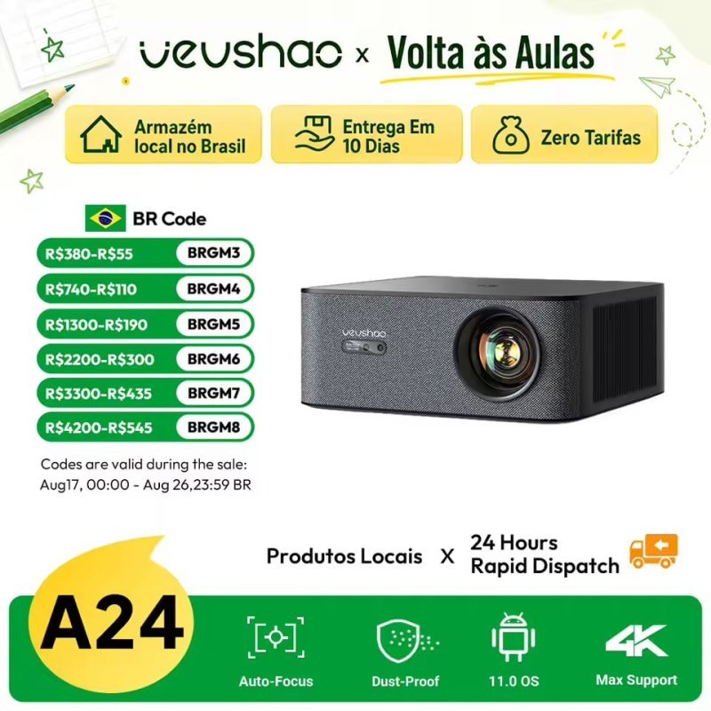 Projetor VEVSHAO A24 Max 4K Android TV Oficial Google Wifi 1080p, 1700ANSI lumens