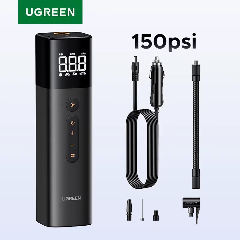 Bomba de Ar Portátil UGREEN para Carro, Moto e Bicicleta – Compressor Elétrico com Display LCD Digital para Calibragem de Pneus