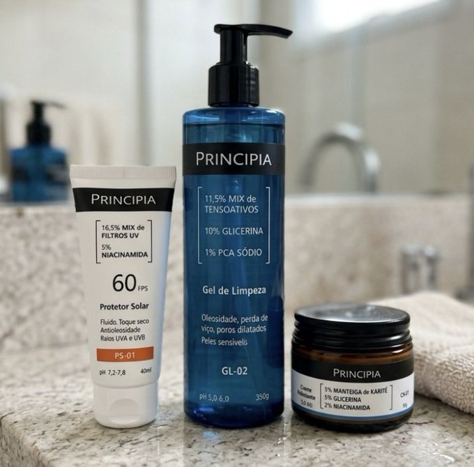 Kit Principia Skincare Gel de Limpeza GL-02 + Protetor Solar FPS 60 + Creme Hidratante CH-01 + Frete Grátis