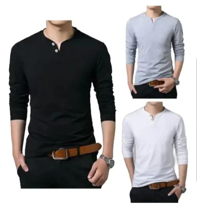 Kit 3 Camiseta Henley Masculina Slim 2 Botões Manga Longa