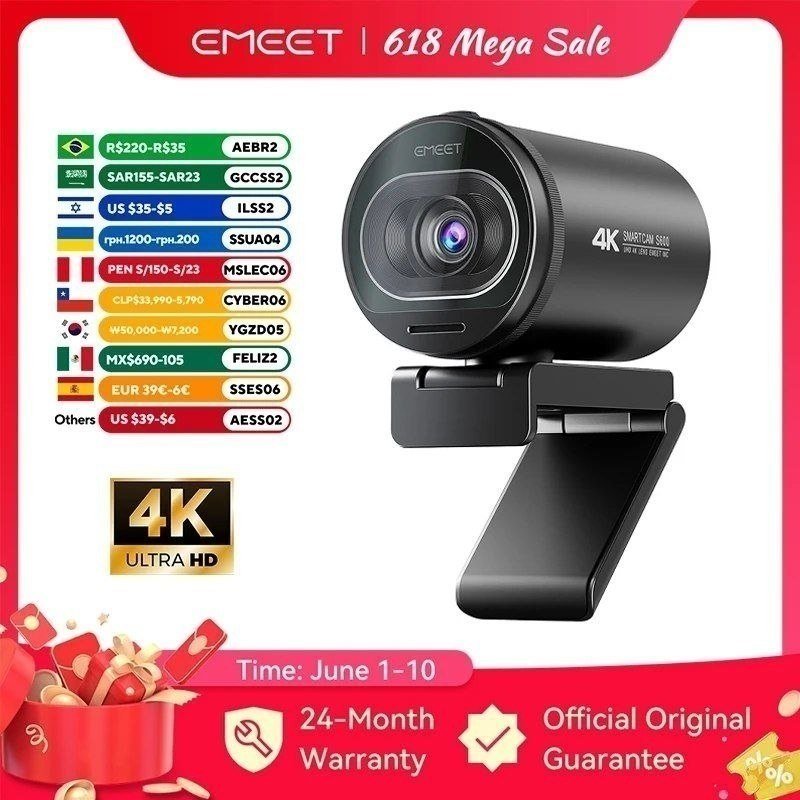 Webcam 4K para Streaming, Câmera USB 1080P 60FPS EMEET S600 com Foco Automático e Microfones para TikTok/YouTube