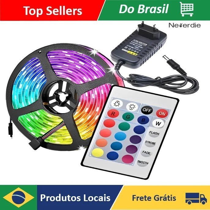 Fita LED RGB Rolo 5m com Fonte e Controle Dupla Face
