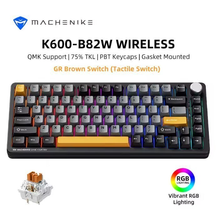 Teclado Mecânico Sem Fio Machenike K600-B82w, RGB, Teclas PBT, Tri-mode