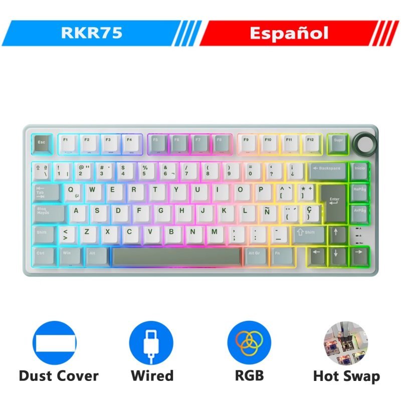 Teclado Mecânico Royal Kludge RK R75, RGB, PBT, Switch RK Hot Swap, Com Knob de Volume