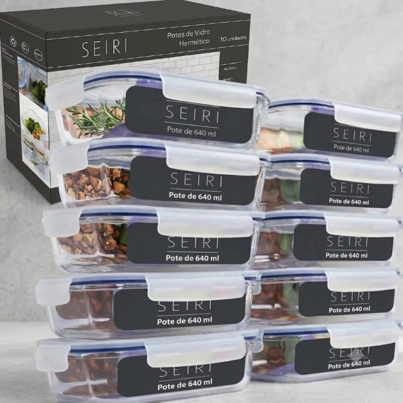 Kit 10 Pote de Vidro Marmita Hermético 640ml Borossilicato 4 Travas + Frete Grátis