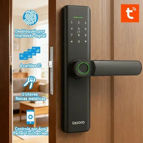 Fechadura Eletrônica Digital com Biometria, Senha, Cartão IC e Tuya App Bluetooth LAZORO