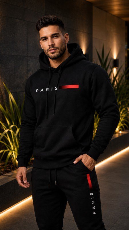 Conjunto Moletom Calça Unissex Paris Canguru Casaco Frio Gg Preto