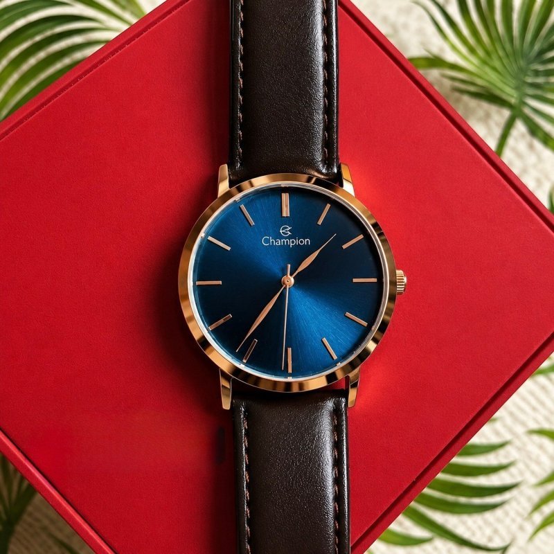 Relógio Champion Masculino Analógico Rose Gold com Pulseira de Couro Marrom e Mostrador Azul
