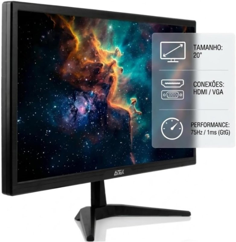Monitor LED 20" Aitek Lite HD 1600x900p 60Hz 5ms, Entradas HDMI e VGA