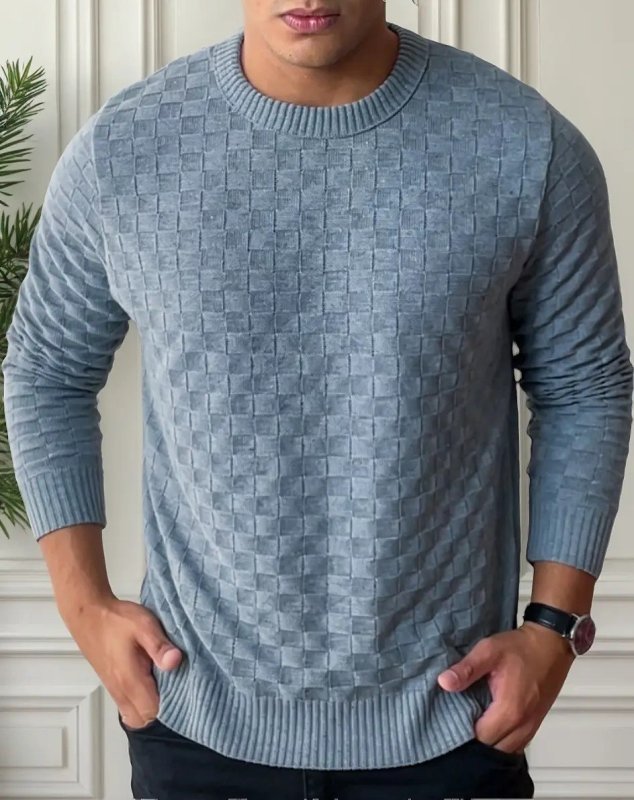 Suéter Masculino Lã Tricot Manga Longa Xadrez Blusa De Frio