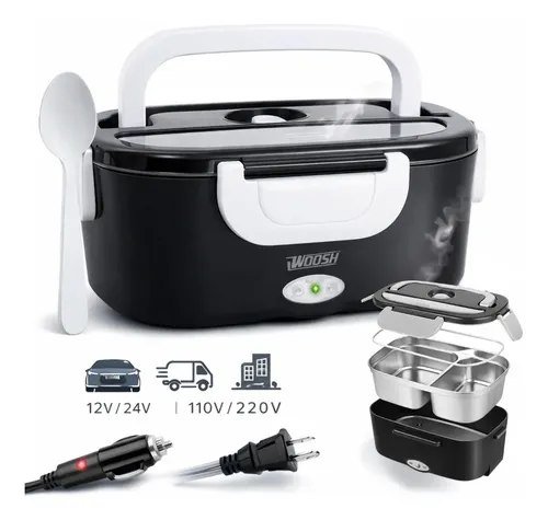 Marmita Elétrica Preta Bivolt Portátil Doméstica 110/220v Veicular 12/24v Lancheira 1.5l Com Divisórias Esquenta Rápido Refeições Práticas Trabalho Casa Carro Caminhão Viagem Faculdade Woosh