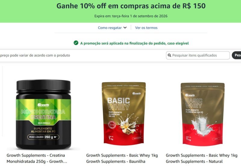 Growth Supplements - Ganhe 10% off em compras acima de R$ 150