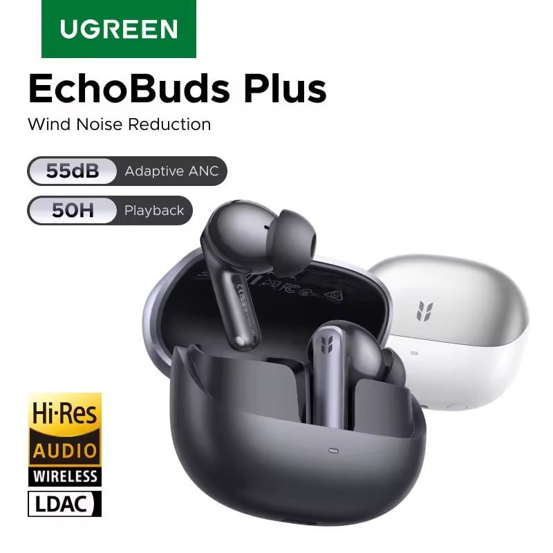 Fone de Ouvido UGREEN EchoBuds Plus Bluetooth com Cancelamento de Ruído Ativo ANC Adaptativo de 55dB e LDAC