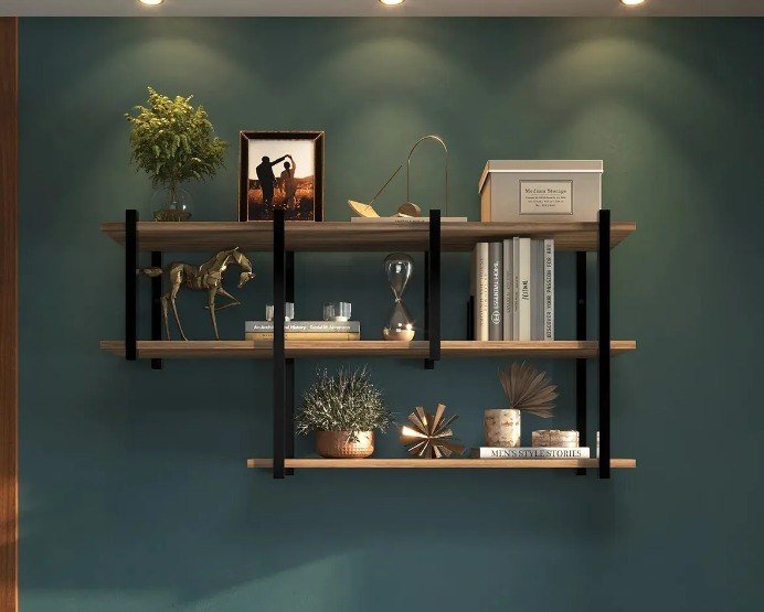 Prateleira Industrial de Parede em Ferro Preto com Madeira Laminada – Ideal para Sala, Quarto ou Escritório Mod: Nicho Triplo + Frete Grátis