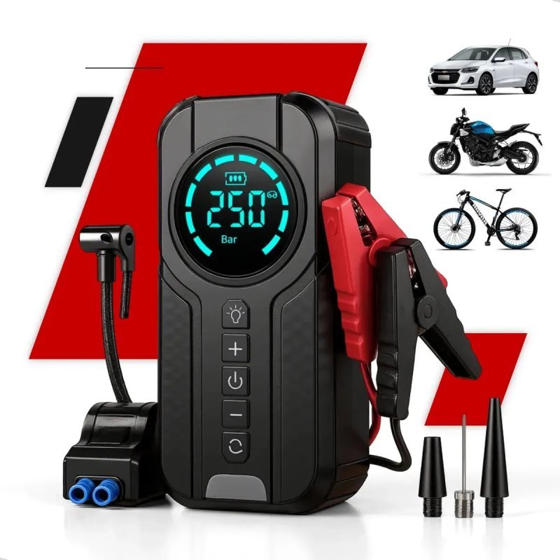 Auxiliar de Partida Carregador de Bateria com Compressor de Ar – Portátil Veicular