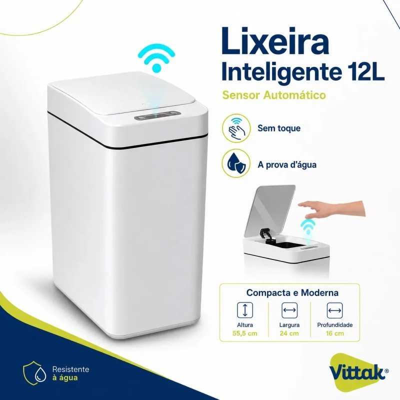 Vittak Lixeira Inteligente 12L com Sensor Automático – Branca