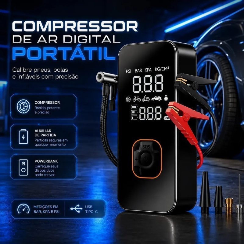 Auxiliar Partida Bateria + Compressor Ar Emergência Portátil 10000mah Veicular 12V Power Bank