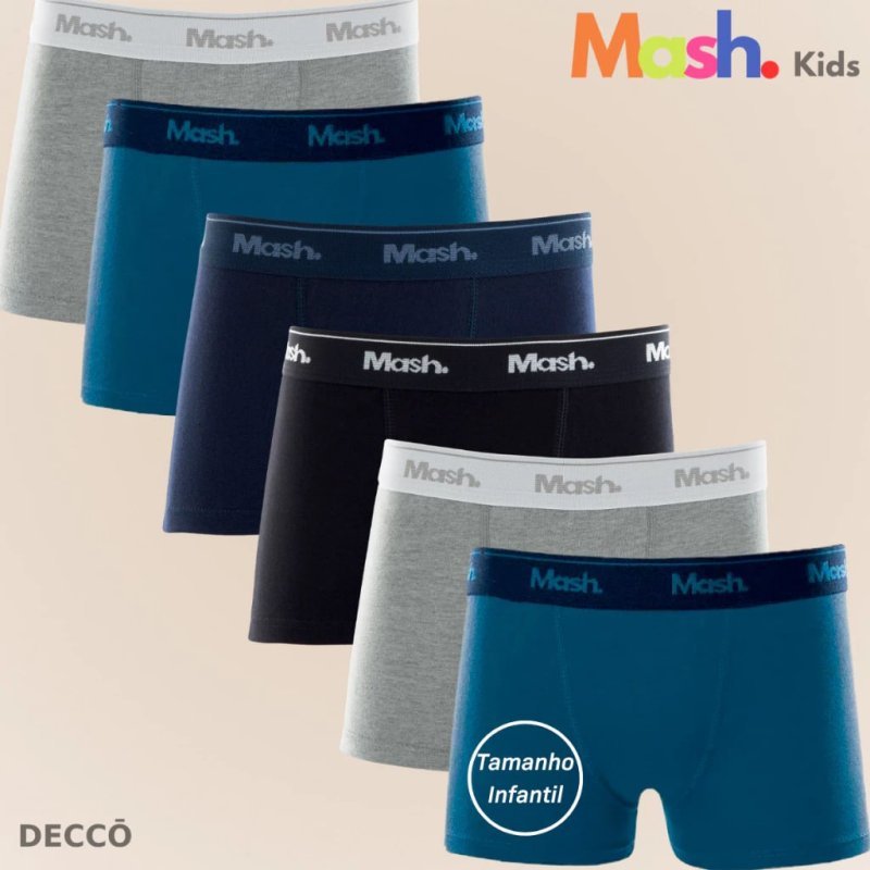 Mash Kit Com 6 Cuecas Boxer Infantil Juvenil - Algodão 100% - Masculina